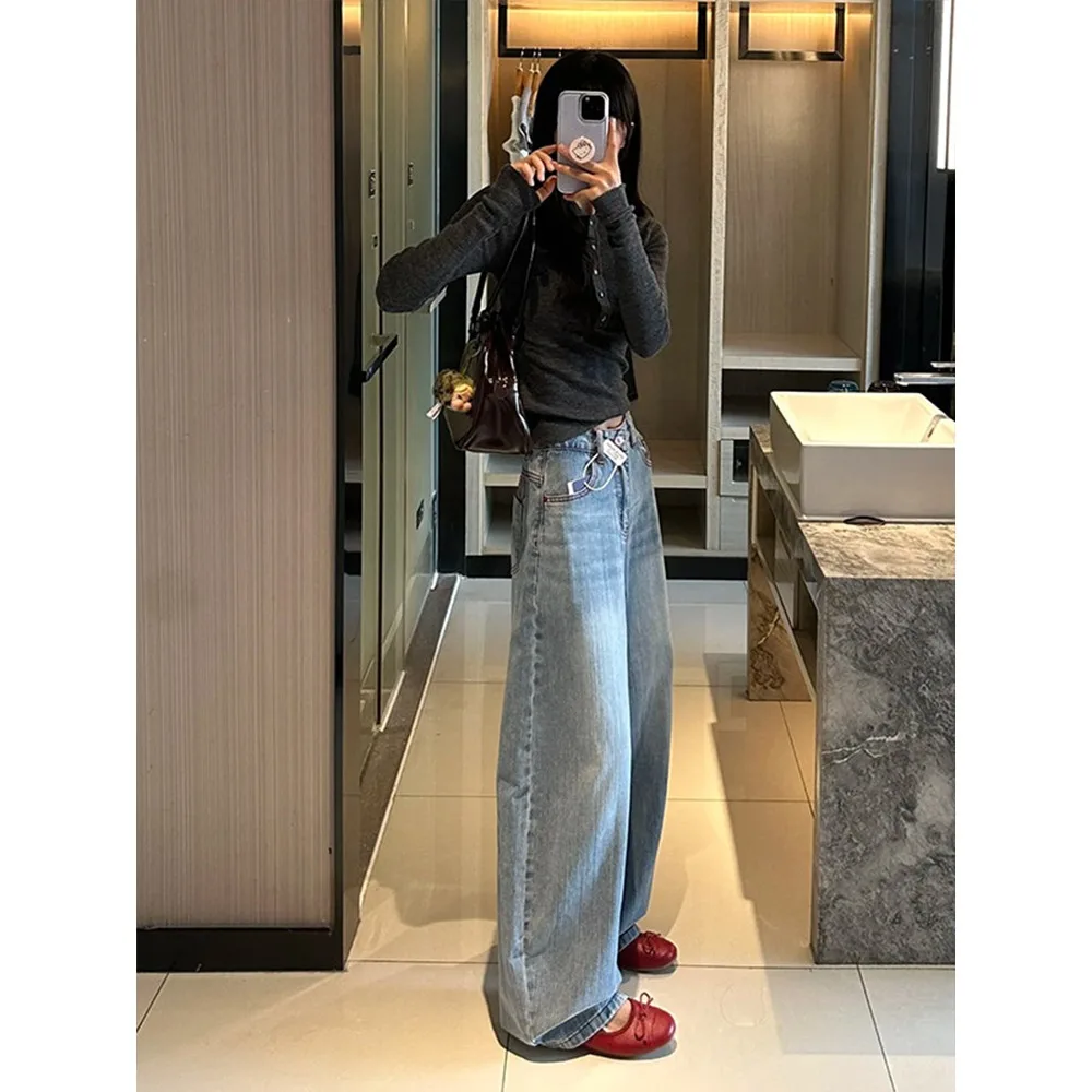 American Retro Embroidered Banana Wide Leg Jeans Women 2026 Autumn High Waist Baggy Slim Curved Trousers Streetwear