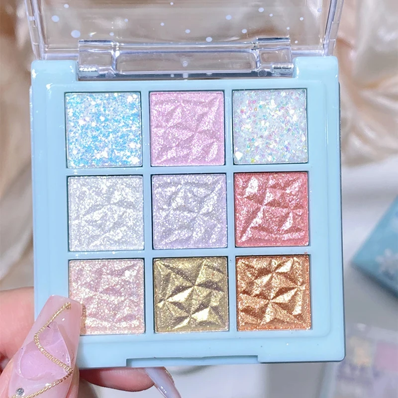 Paleta de sombras de ojos de copos de nieve de nueve colores, Perla fina, brillo, contorno de ojos, paleta de maquillaje de ojos, paleta compacta de oro champán