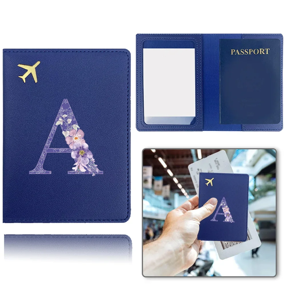 Women Passport Case Airplane Pu Passport Cover Business Passport Clip Bank Card Organizer Cover Purple Flower Letter Pattern