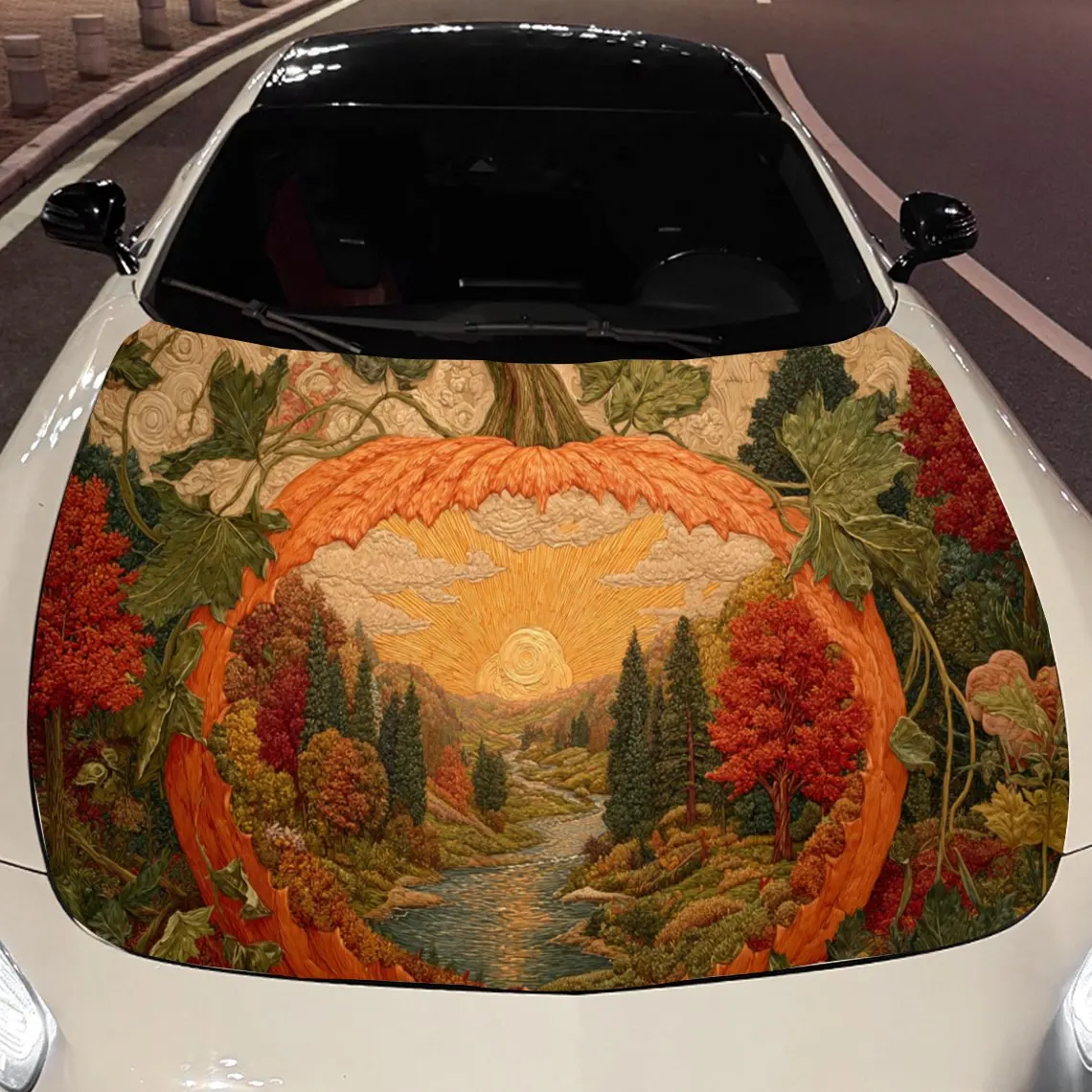 

Яркая тыква - виниловая наклейка на капот автомобиля в форме пейзажа, модная наклейка из ПВХ с автомобильным покрытием, водонепроницаемая самоклеящаяся веси