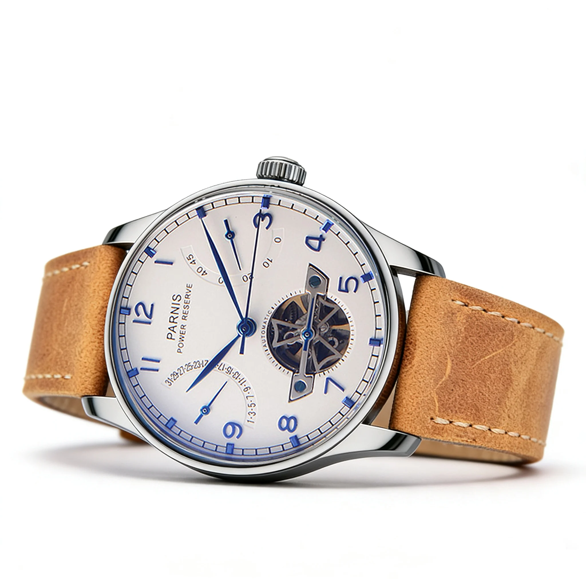 Fashion Parnis 43mm White Skeleton Dial Automatic Mechanical Men's Watch Leather Strap Power Reserve Tourbillon Men Watches Gift