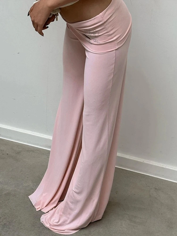 

Hot Drilling Flare Pants Women Streetwear High Waist Trousers Pantalones De Mujer Pink Roupas Femininas Korean Fashion Clothing