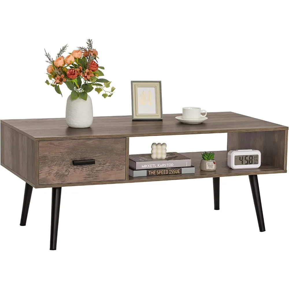 Mesa de centro con almacenamiento para sala de estar, mesa de centro con cajón y estante para sala de recepción, oficina, roble rústico