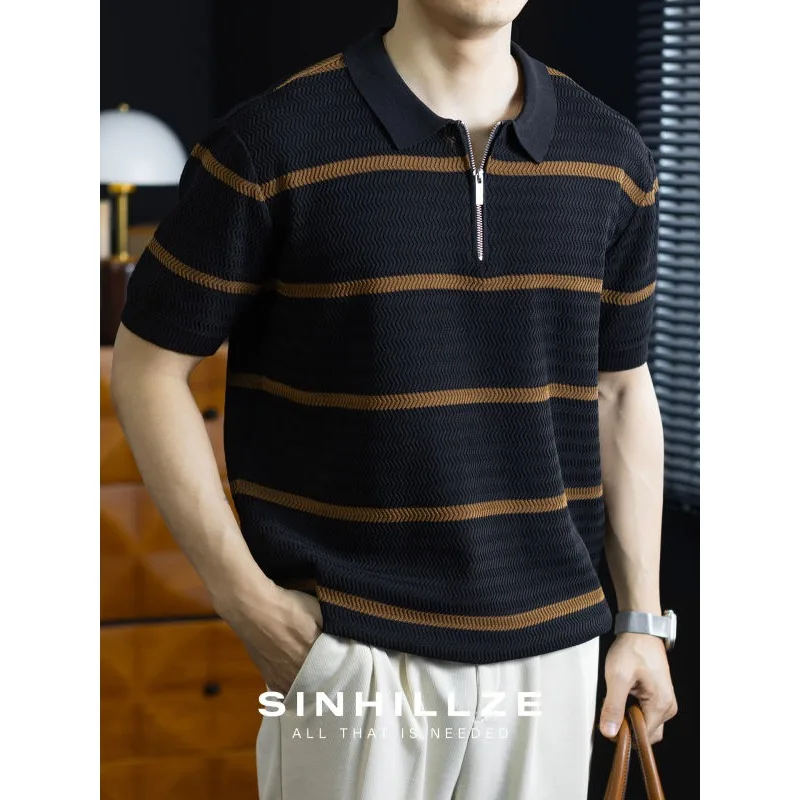 

Летняя мужская вязаная футболка-поло с коротким рукавом в волнистую полоску, деловой повседневный стиль, модный винтажный свитер-футболка для города
