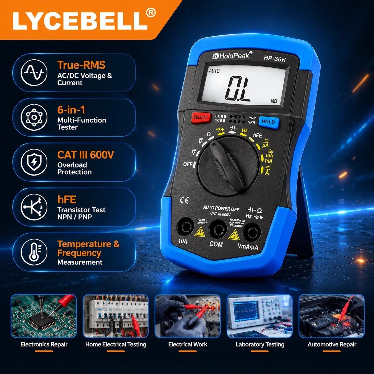 HoldPeak 36K Digital Multimeter 4000 Counts True RMS Auto Range AC/DC Voltage Current Capacitance Temp hFE for Electrician