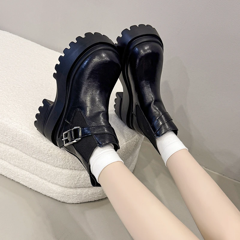 9cm New Women's Fashion Thick-soled Short Boots Autumn and Winter Shoes Elegant Modern Chimney Boots Round Head Middle Follow