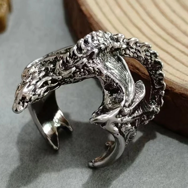 195C Vintage Silver Tone Dragon Ring Adjustable Open Band Statement Jewelry with Textured Scales and Open Mouth Design for Daily