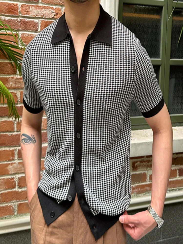 

Houndstooth Contrast Color Knitted Cardigan Men Coat Casual Short Sleeved Lapel Breathable Vetement Homme