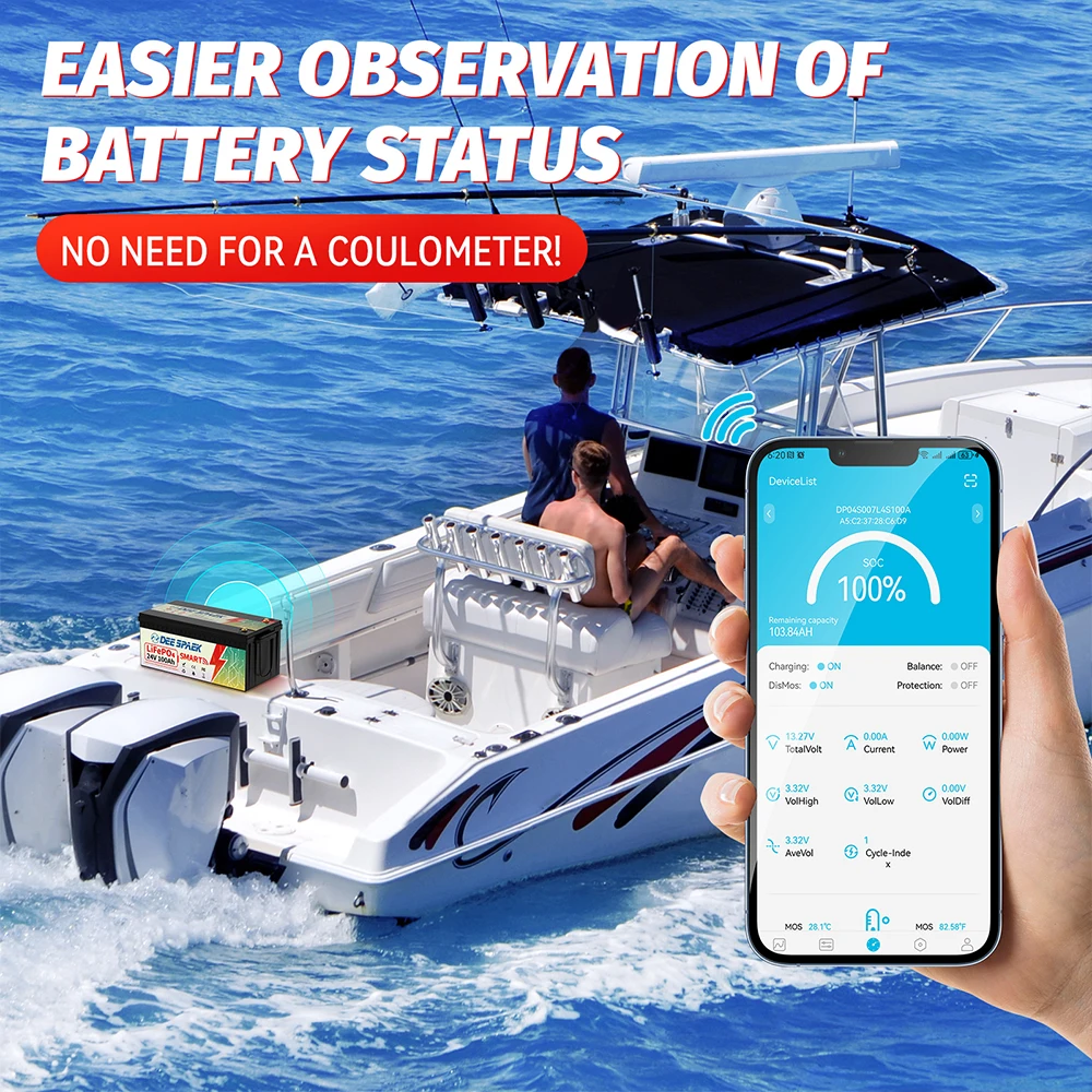 24V 100Ah LiFePO4 Battery Bluetooth With BMS 8000+Deep Cycles For Camper RV Home Energy Solar Trolling Motor 24V Lithium Battery