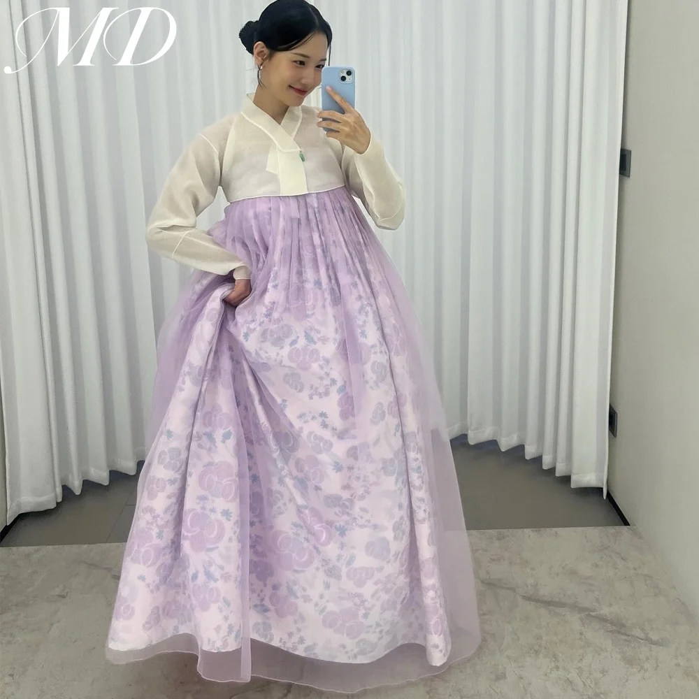 

MD Modern Purple Print A Line Hanbok Long Sleeves Wedding Dress New Korea PhotoShoot Bridal Gowns Customised Formal Party Dress