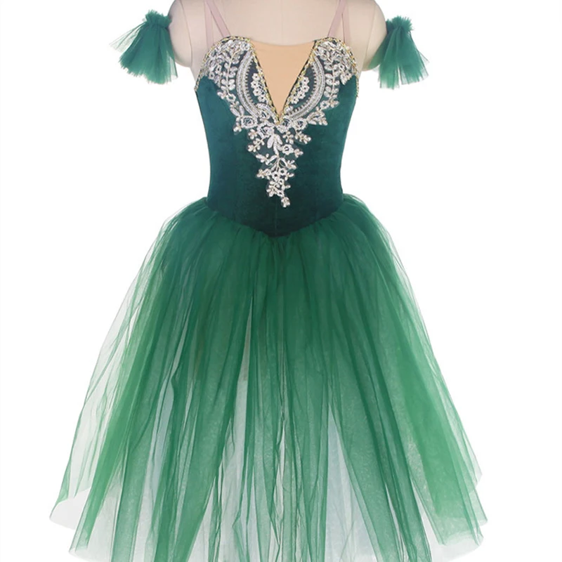 Robe de Ballet de Performance Verte pour Enfant et Adulte, Tenue de Compétition Professionnelle, en Fil, Pengpeng