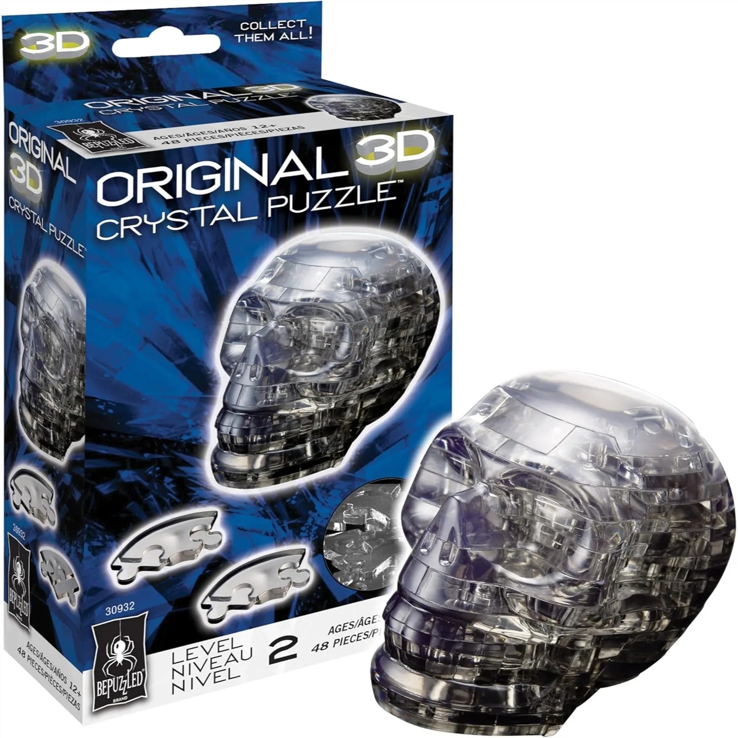 

3D Crystal Puzzle Skull, 48 Interlocking Pieces, Ages 12+, Translucent Display