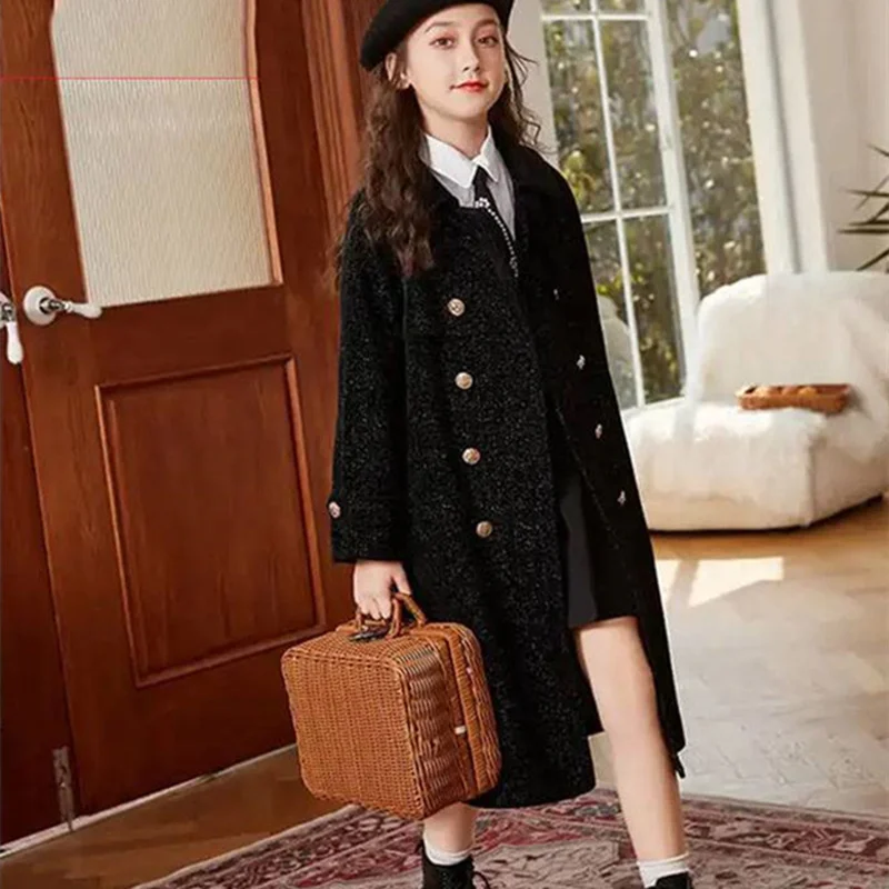 Girls Kids Woolen Coat Jacket Overcoat 2023 Black Warm Thicken Winter Cotton Plus  Size Children\'s Clothing