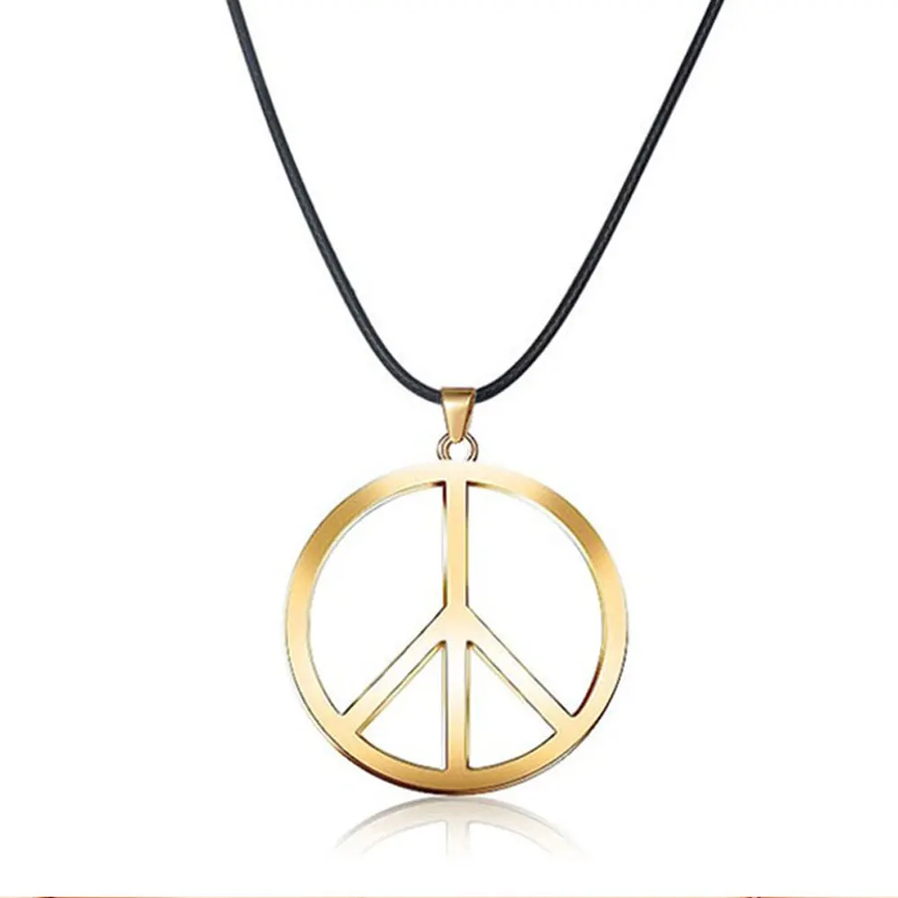 YILUOCD Black Leather Peace Sign Symbol Pendant Necklace Stainless Steel Punk Peaceful Chain Necklaces for Women Jewelry