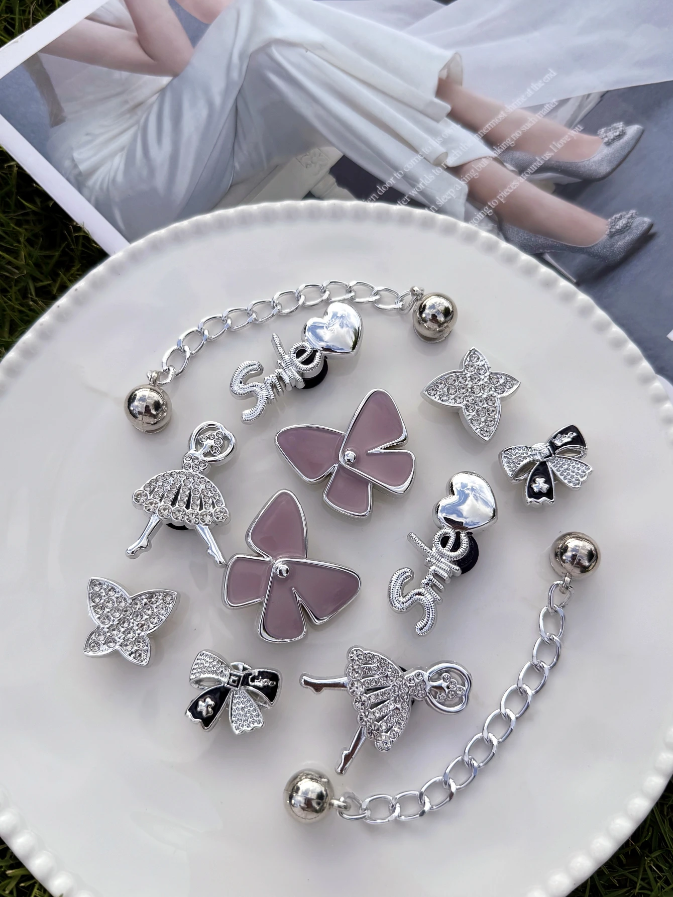 12 فراشة بنفسجية فضية، فتاة راقصة، فراشة صغيرة، مشبك أحذية سلسلة ديكورات ذاتية الصنع، وصلة مشبك أحذية متعددة الوظائف #5