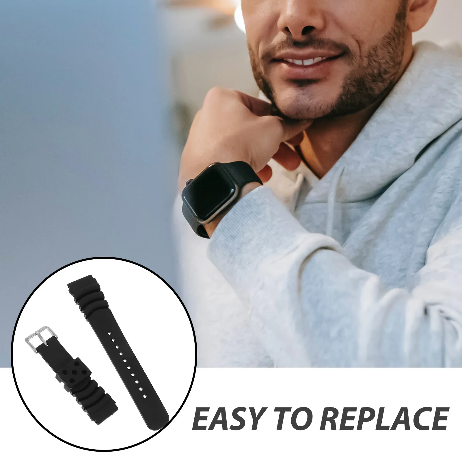 High End 22Mm Waterproof Silicone Watch Strap Smooth Skin Friendly Seamless Design for Gym Swimming Hiking Running Black