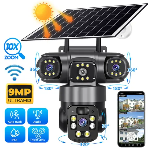9MP Full HD Solar WiFi Camera 3 Screen 3 Lens 10X Zoom PIR Human Detect Camera Surveillance Night Vision Security Protection