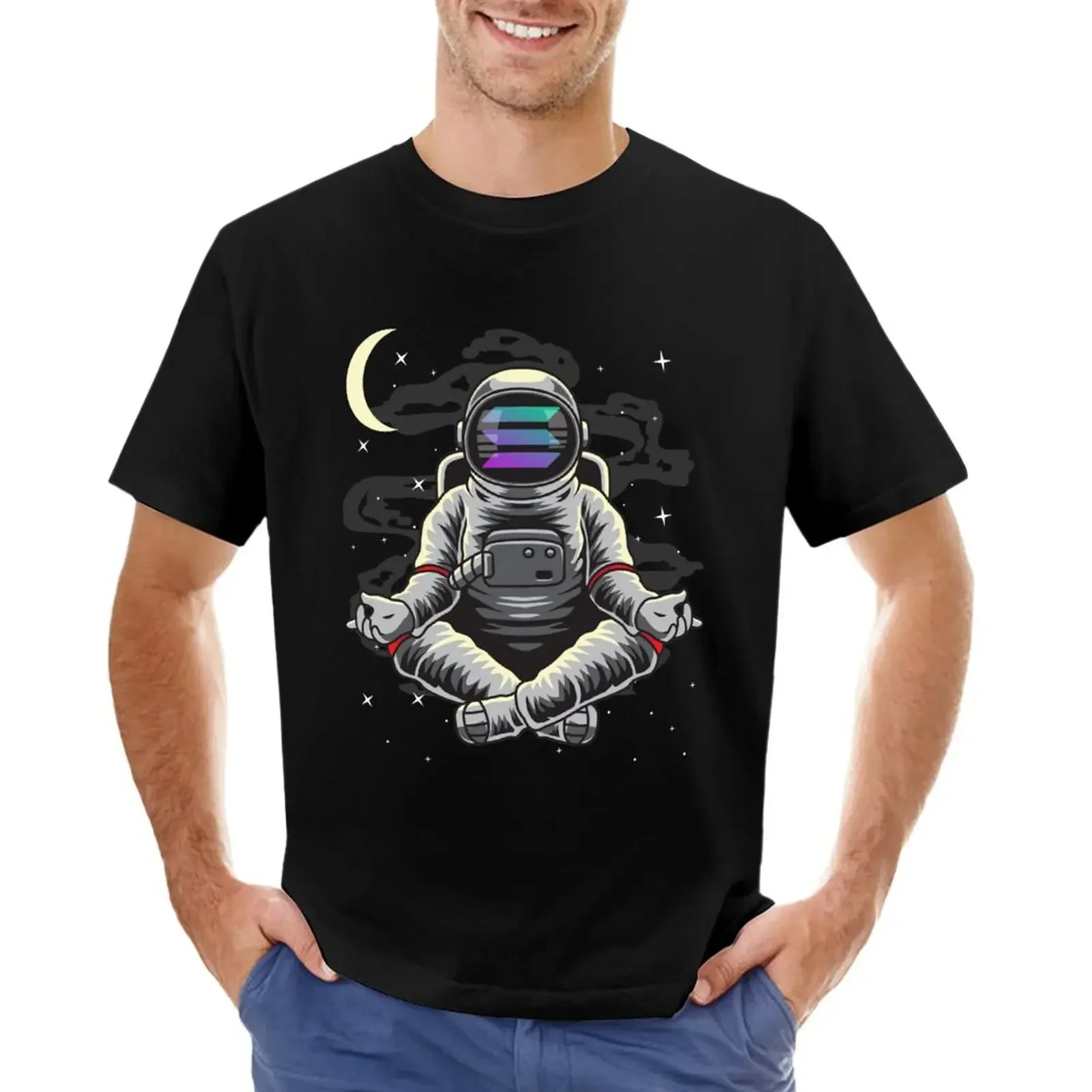 2024 FUNNY SUMMER style Astronaut Yoga Solana SOL Coin To The Moon Crypto Token Blockchain Cryptocurrency Wallet T-shirt cotton