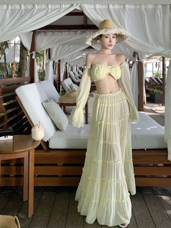 

Spring Atmosphere Beautiful One Shoulder Top Half Skirt Youthful Combination Fashion Set Casual Style Long Sleeve Cotton Mate...