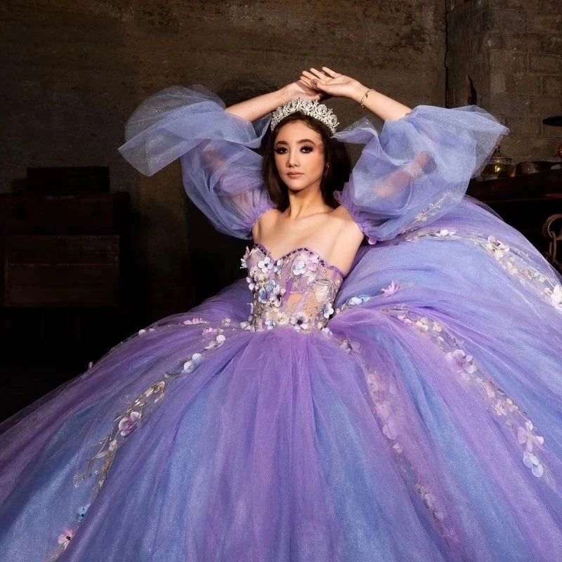 

2024 Lavender Quinceanera Dress Ball Gown 3D Flowers Applique Beading Tull Puffy Sleeve Sweet 16 Vestidos De XV 15 Anos