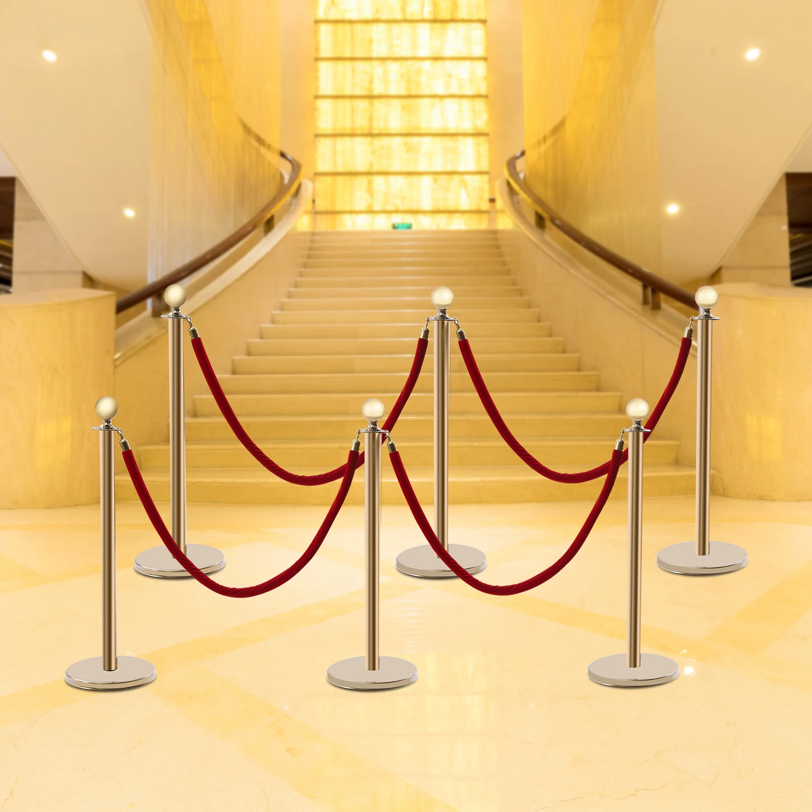 Crowd Control Bollard,Polished Stainless Steel Guardrail, Protective Barrier,5ft Deep Red Velvet Rope, Rust-proof and Waterproof