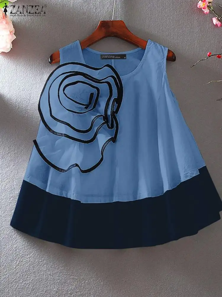 

2024 Summer Colorblock Sleevele Tank Tops ZANZEA Women 3D Rose Stitching Tanks Vintage Round Neck Camis Casual Loose Korean Vest