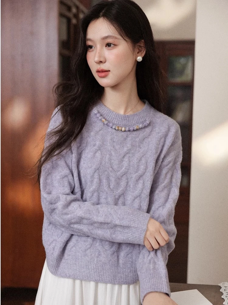 ALXNAN Truien met ronde hals Herfst Gedraaid patroon Kleurrijke kralen Losvallende damestrui Zoete zachte damesgebreide kleding L58901