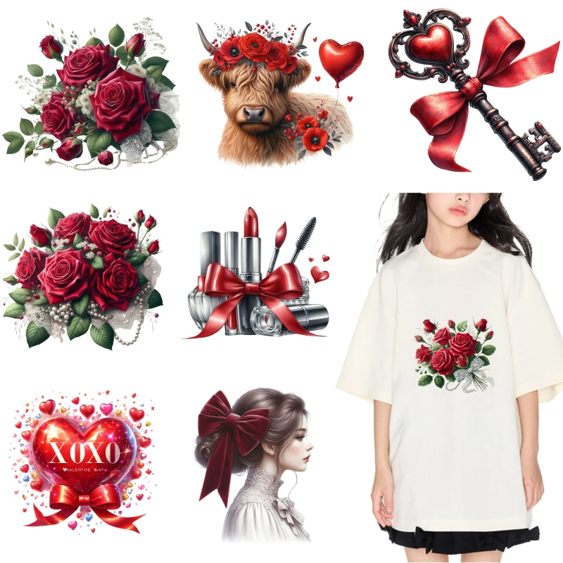 

2PCS Red Roses Heart Key Makeup Bow iron on patches DTF Patches for clothes Iron-on transfers for clothing heat transfer