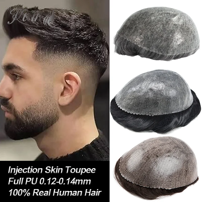 ฉีด PU ฐานวิกผมผู้ชาย 0.12-0.14 ฉีด Skin Toupee สําหรับผู้ชายผม Capillary Prosthesis 100% มนุษย์ผมเปลี่ยน