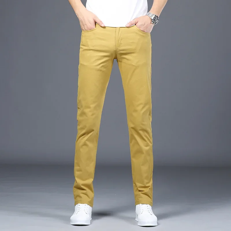 Classic Style Men's Fashion Casual Pants Brand Fashion Solid Color Business Straight Yellow Beige Khaki WhiteTrousers