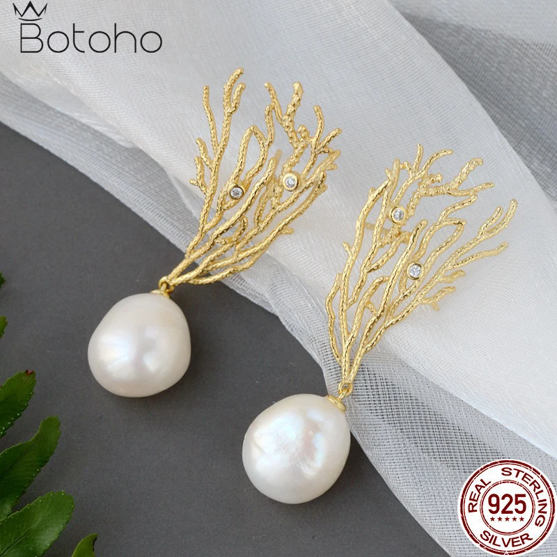 

BOTOHO S925 Silver Goldplated Coral Branch Natural Baroque Pearl Stud Earrings For Women Chic Trendy Earring Fine Jewelry Gift