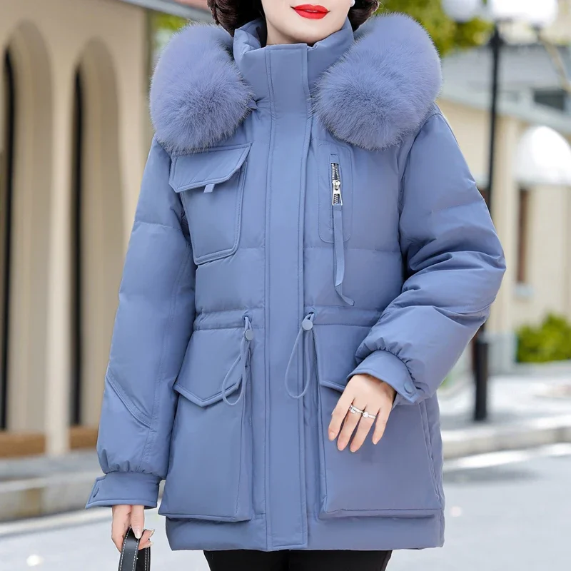 Chaquetas de plumón de pato blanco para mujer de mediana edad con cuello de piel auténtica, abrigos cálidos y gruesos elegantes con capucha Vintage Prakas para mujer