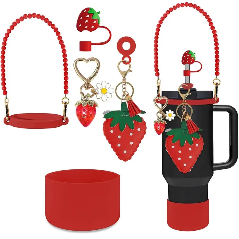 

7PCS Cute Strawberry Cup Accessories Set For Stanley 30/40Oz Tumbler Cup With Handle Strap Dust-Proof Straw Topper Cap Gift