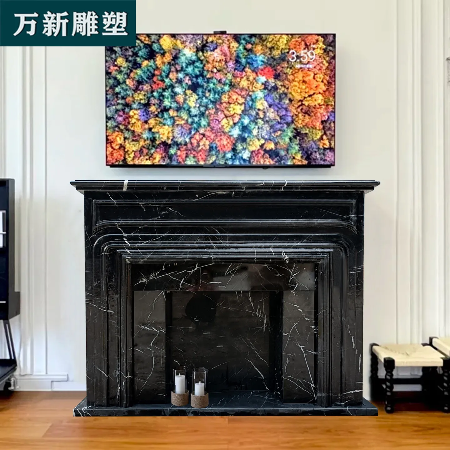 Marble black fireplace French simple black and white root fireplace TV background wall stone carving American stone fireplace