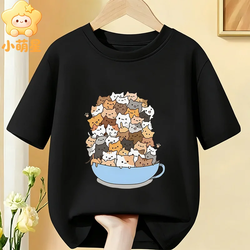 Lustiges T-Shirt mit Katzenmotiv für Kinder, Anti-Depressiva-Cartoon-Kätzchen-Grafik, reine Baumwolle, kurzärmelig, Unisex-Oberteil für Jungen und Mädchen – Detail 5