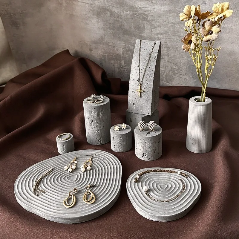 Gypsum Jewelry Display Stand Set Counter Necklace Display Tray Grey Ring Earrings Storage Board Luxury Jewelry Photography Props