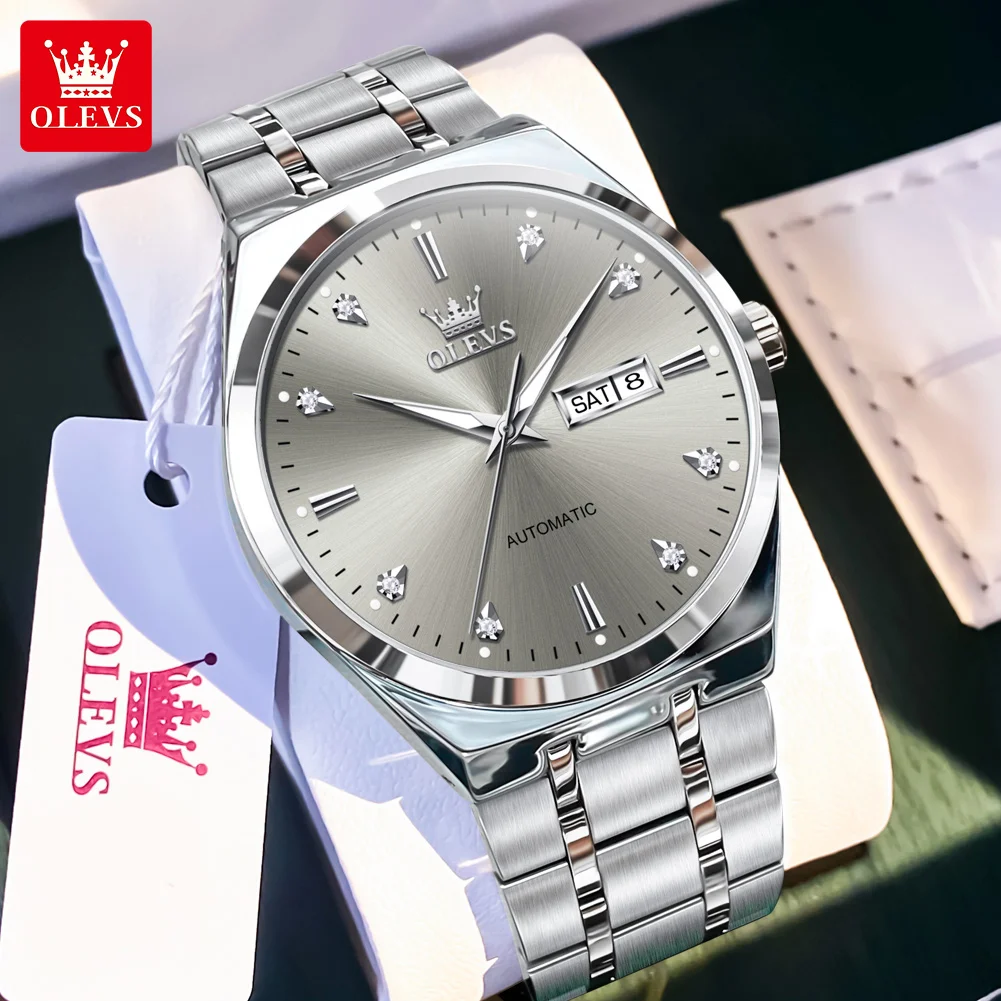 

Мужские часы OLEVS 9811, оригинальные автоматические механические часы для мужчин, из нержавеющей стали, водонепроницаемые, с двойным календарем, деловые часы для мужчин