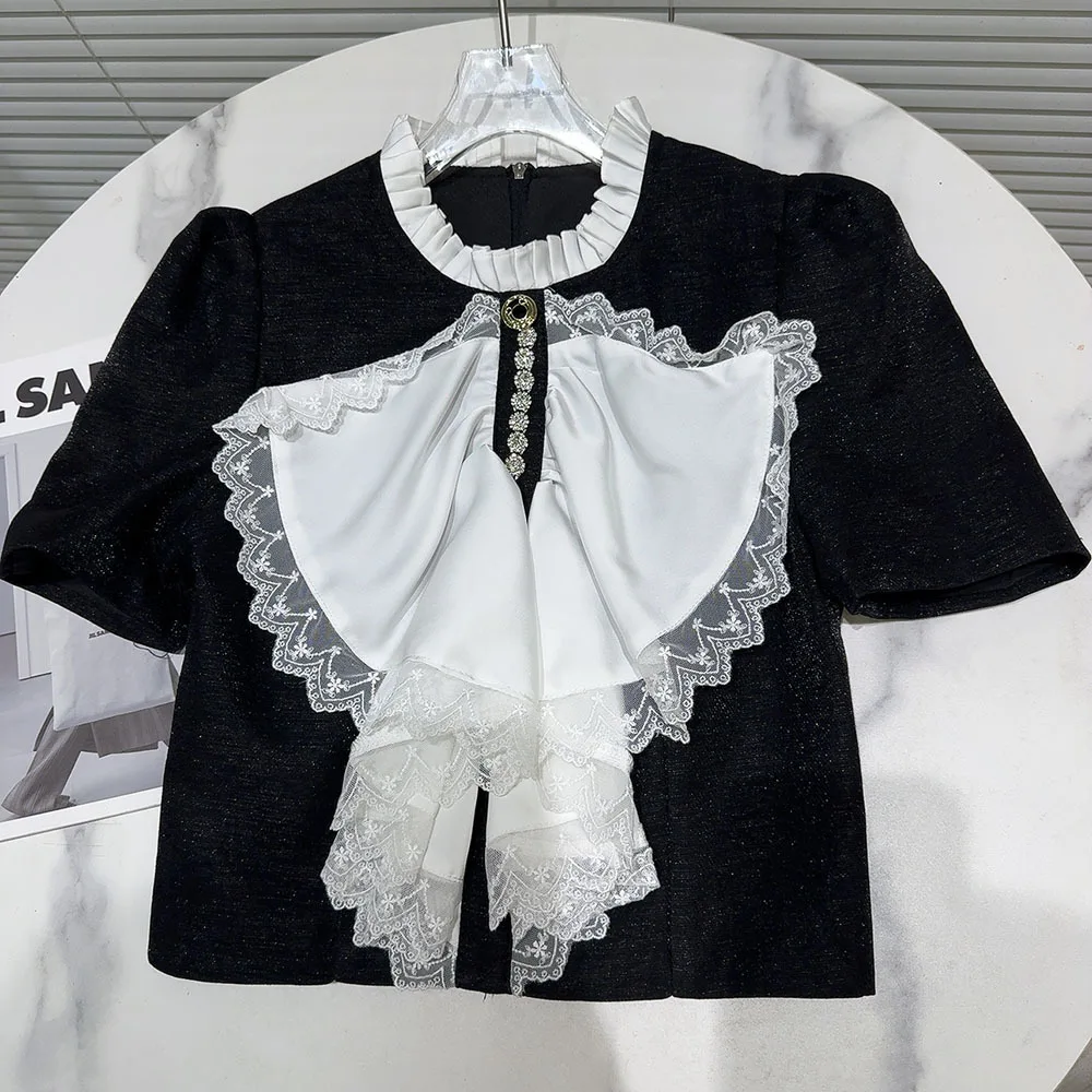 Sweet T Shirt Women2024 Summer New Arrival Short Sleeve Lace Ruffles Bow Collar Rhinestone Buttons Tops Girl Cute Slim Black Tee