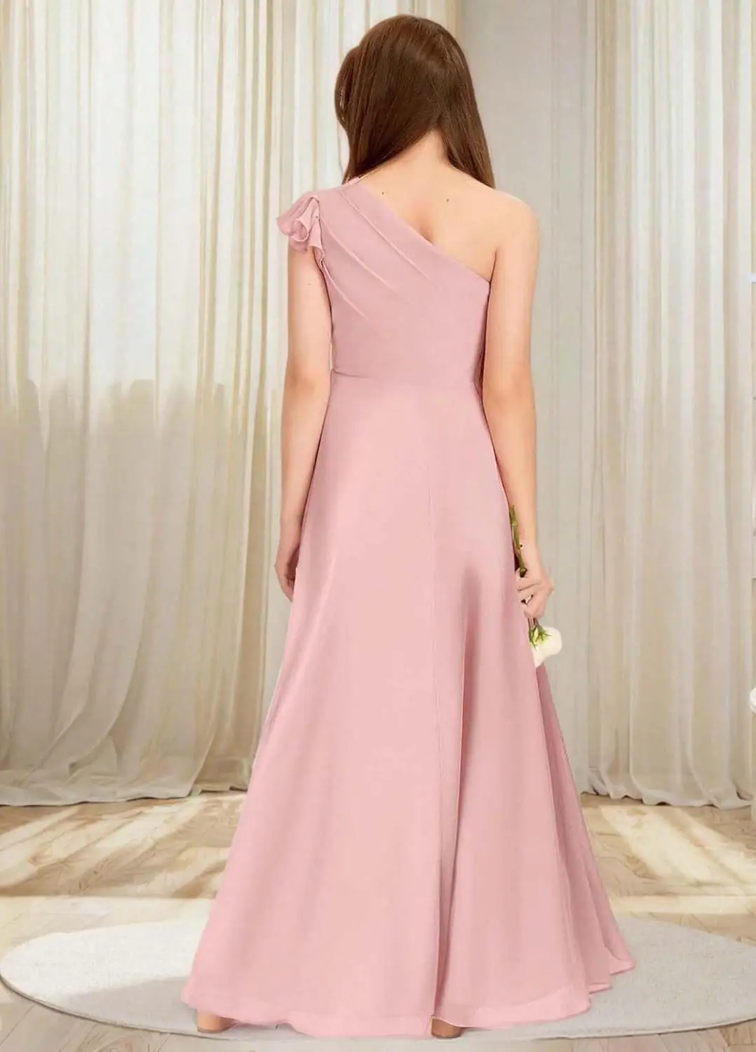 A라인 쉬폰 주니어 브라이드메이드 드레스 웨딩 원숄더 캡 슬리브 플라워 걸 롱 포멀 드레스 소녀 드레스