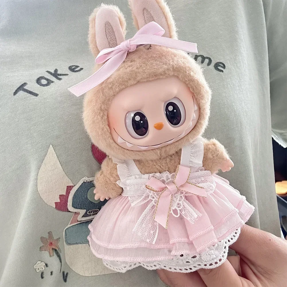 17cm Mini Plush Doll'S Clothes Outfit Accessories For Korea Kpop Labubu Idol Pink bright silk bow princess gauze skirt Clothing