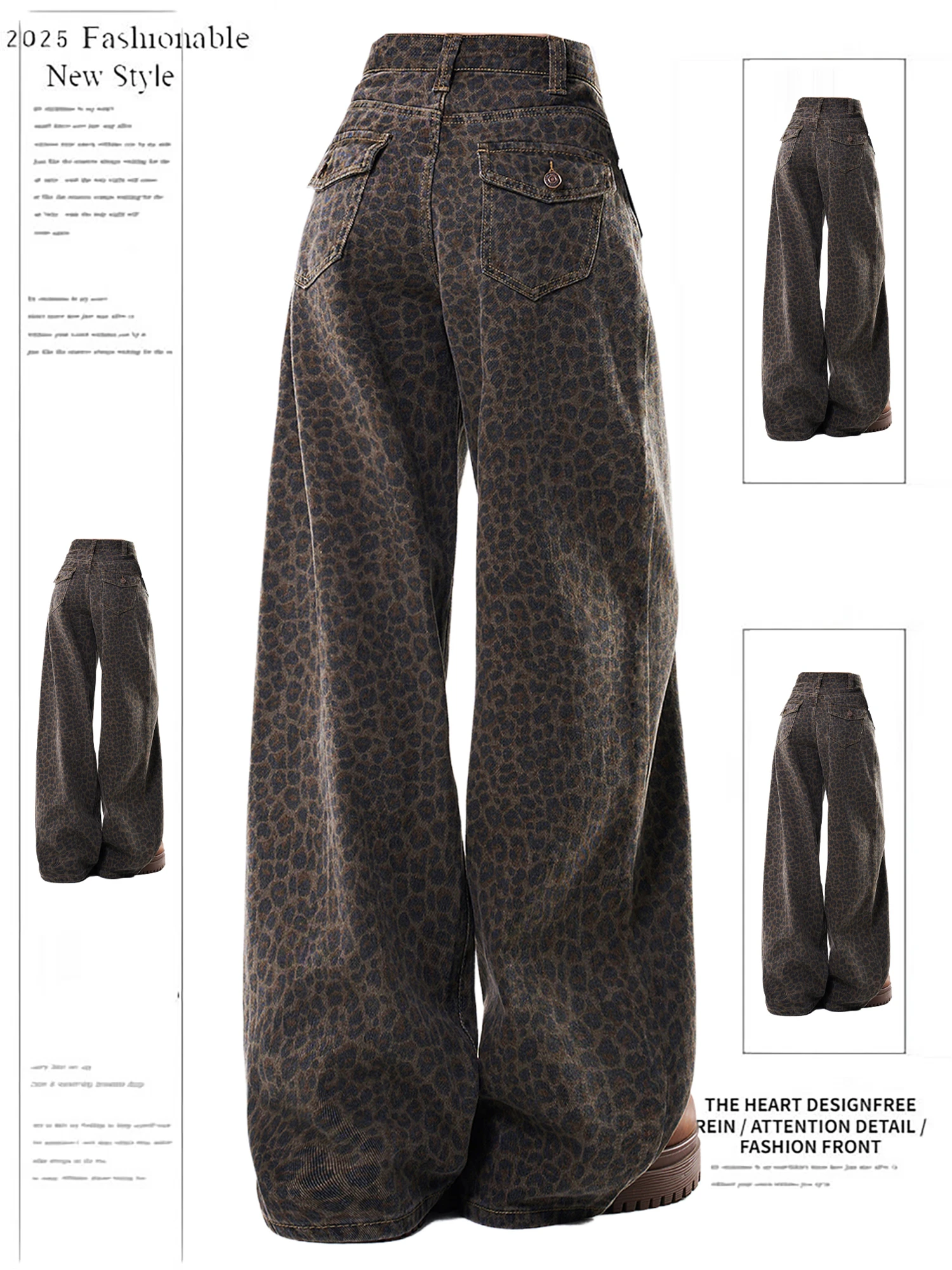 

Women's Leopard Print Wide Leg Jeans Vintage High Waist Denim Pants Streetwear Y2K Fashion Loose Casual Trousers