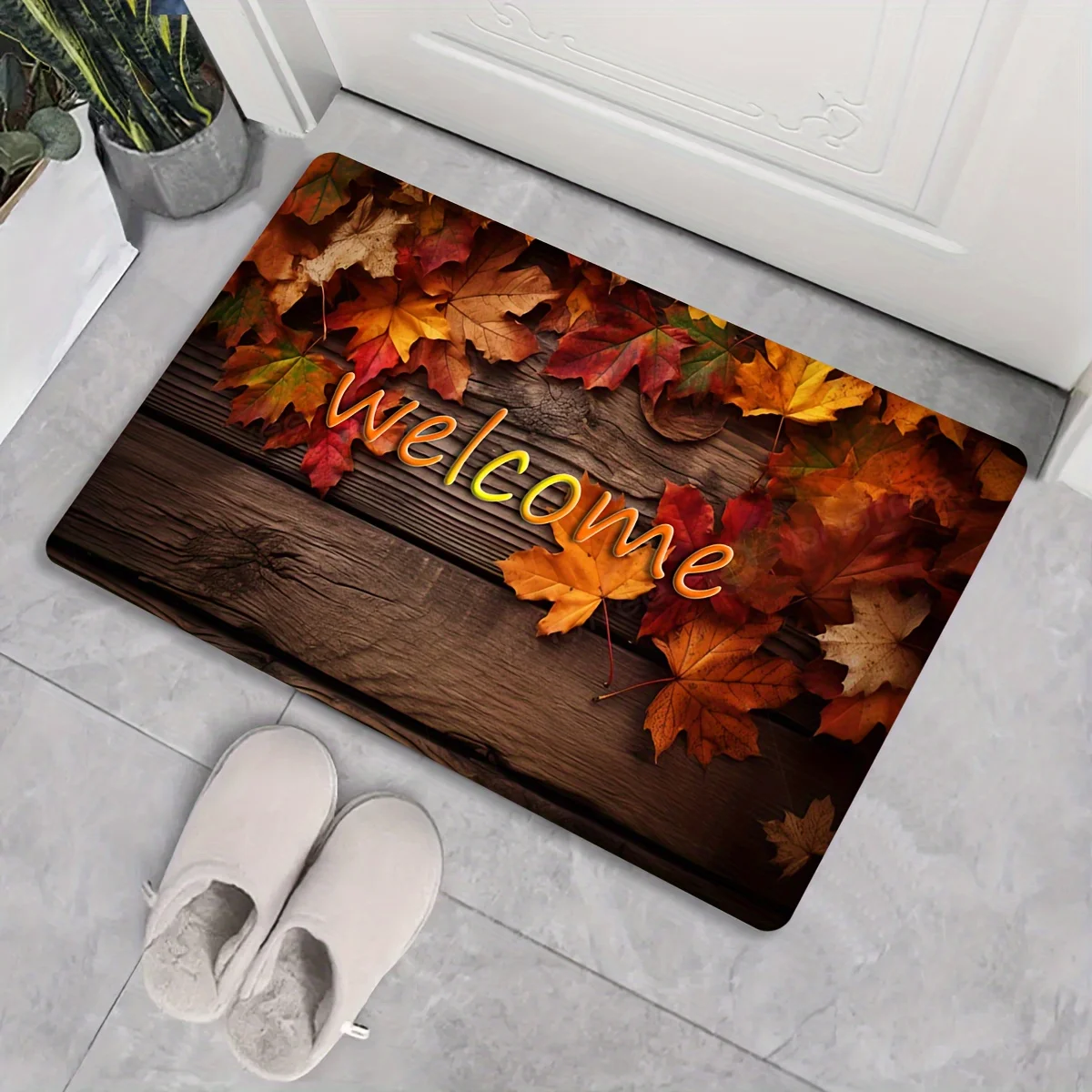 Autumn Harvest Welcome Mat - Thick, Non-Slip 100% Polyester Rug with Maple Leaf & Pumpkin Design for Thanksgiving Decor - Perf