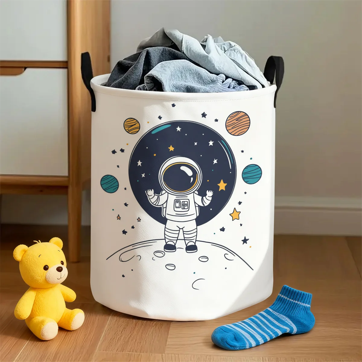 

Astronaut-Themed Foldable Laundry Basket Durable Canvas Clothes Hamper with Space Design Open-Top Storage Organizer