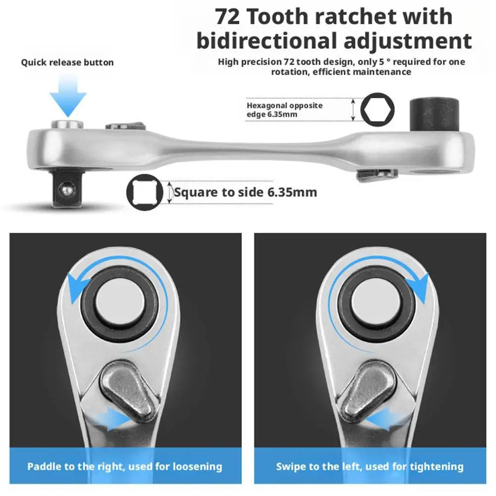

Быстрый ключ с храповым механизмом 1/4 дюйма Ключ с храповым механизмом 2-в-1 Мини-наконечник с пакетной головкой Универсальная версия с двойной головкой Ванадиевая сталь, ПП, TPR