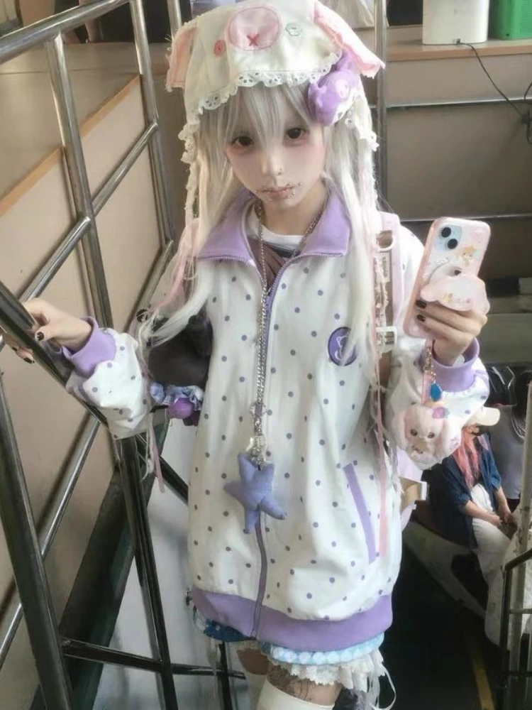 HOUZHOU Y2k Weiß Cutecore Juminocore Polka Dot Frauen Zipper Hoodies Süße Langarm Japanischen Stil Mantel Kawaii Lose Beiläufige