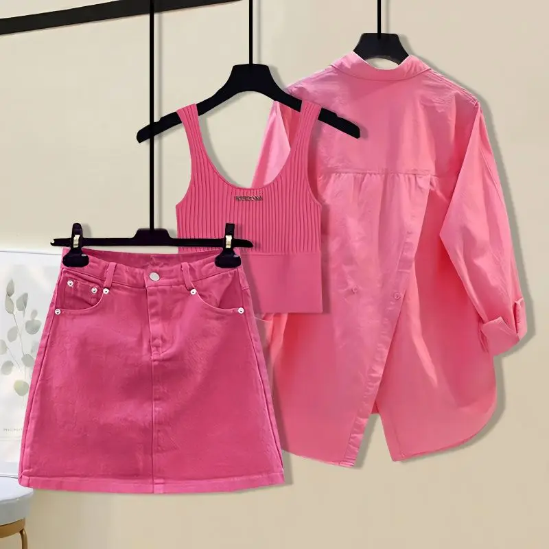 

Spring Summer Trendy Brand Street Style Women's Set 2026 New High-End Feelings Halter Top Denim Skirt Three Piece Set