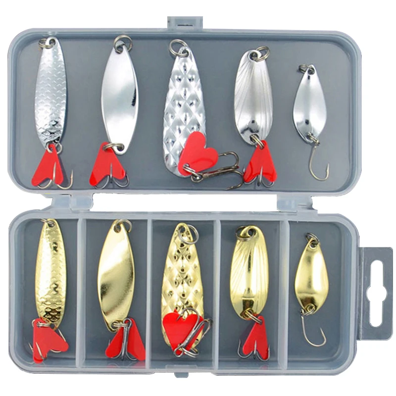 10PCS/Set Gold And Sliver Metal Jig Spoon Spinner Fishing Lure Wobbler Bait Set with Fishing Tackle Box Kit For Fishing