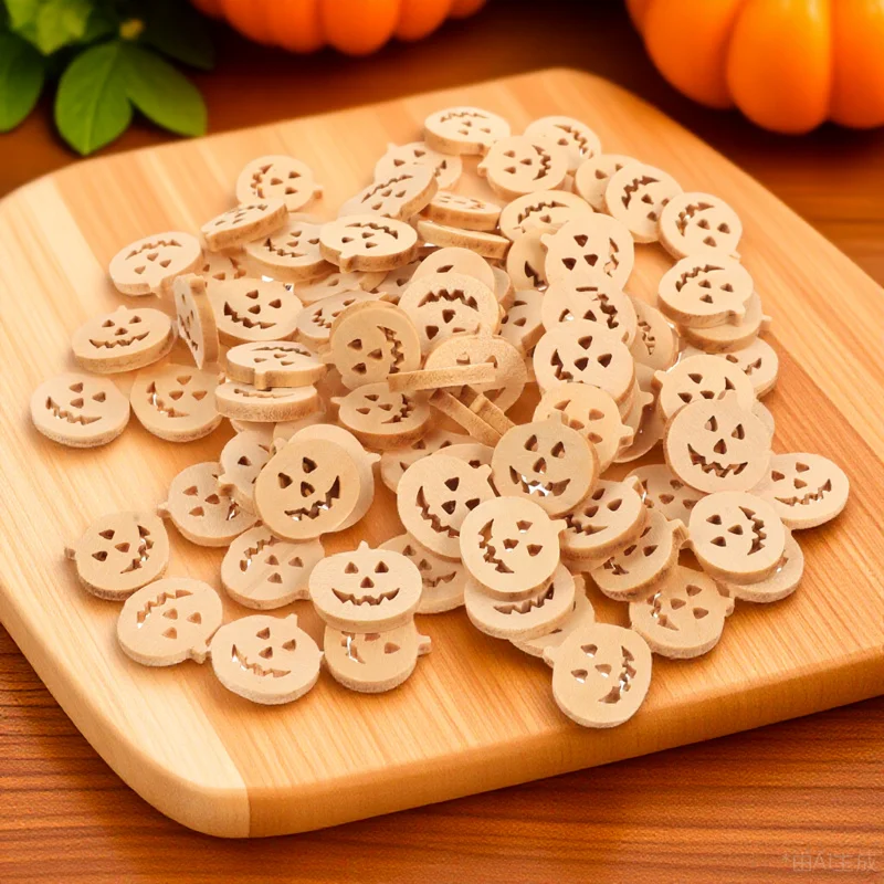 

100Pcs Halloween Pumpkin Wooden Buttons DIY Clothes Sewing Replacement Decorative Cartoon Buttons for Coats Sweaters Hats
