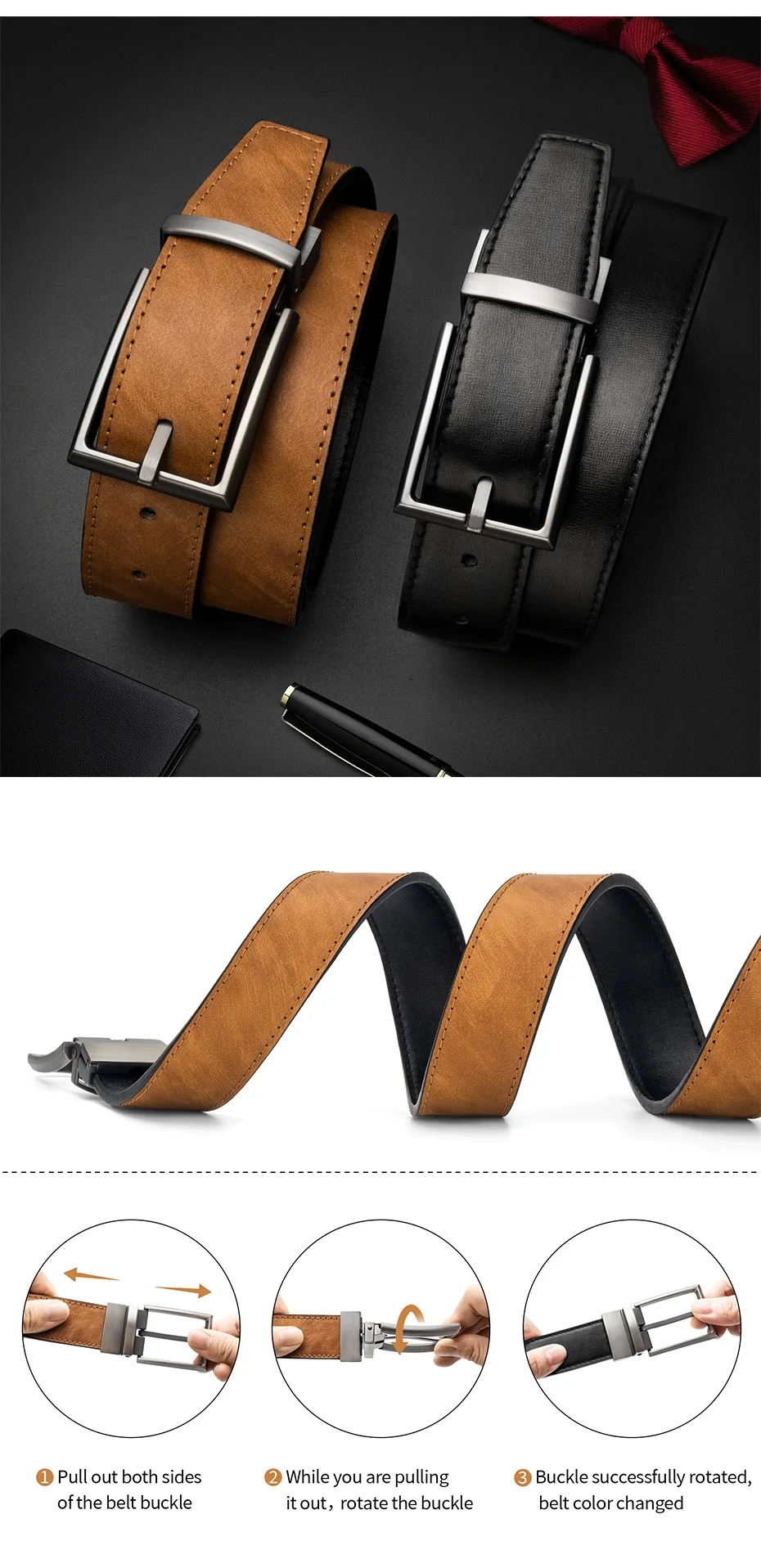 Maikun Reversible Leder Gürtel für Männer Braun Leder Gürtel Für Hosen Boss Gürtel herren Designer Taille Gürtel Kaffee – Detail 4