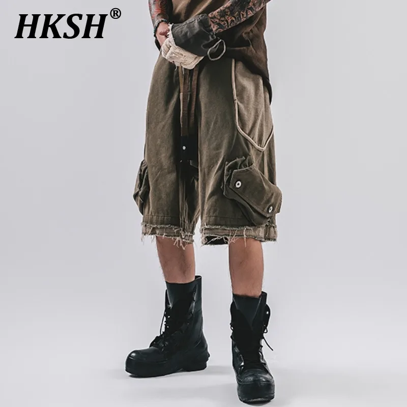 

HKSH Spring Summer New Men's Tide Punk Capris Cut Denim Shorts Patchwork 3D Deconstruction Edge Waste Land Tactical Pants HK2058